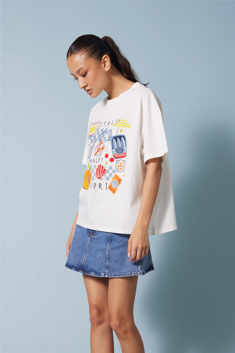 Nisan ITALIA BASKILI KISA KOLLU T-SHIRT EKRU N26-2430