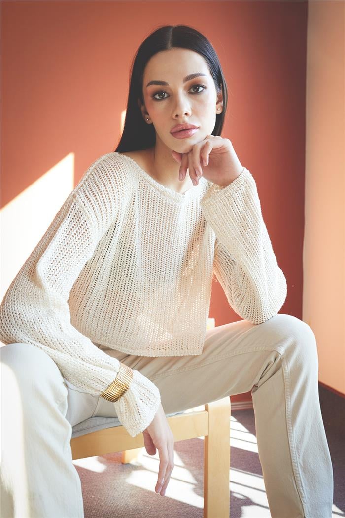 Nisan Boat Neck Sequined Knit Sweater Raw Ecru TT4124-Z