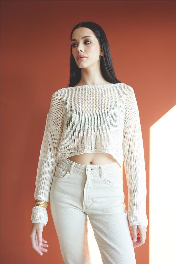 Nisan Boat Neck Sequined Knit Sweater Raw Ecru TT4124-Z