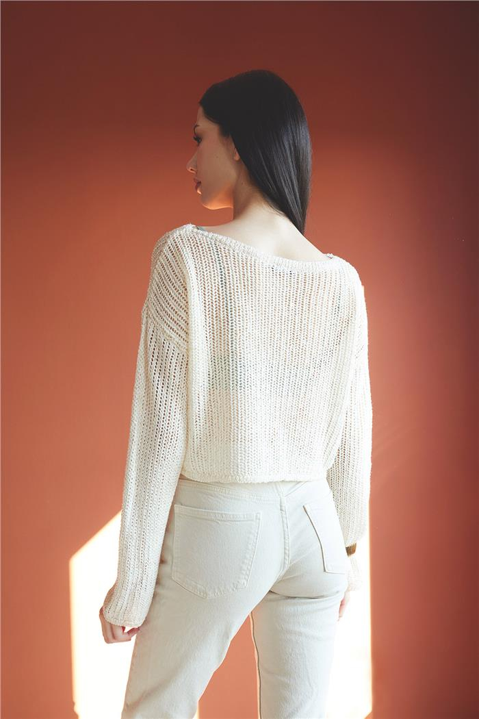Nisan Boat Neck Sequined Knit Sweater Raw Ecru TT4124-Z