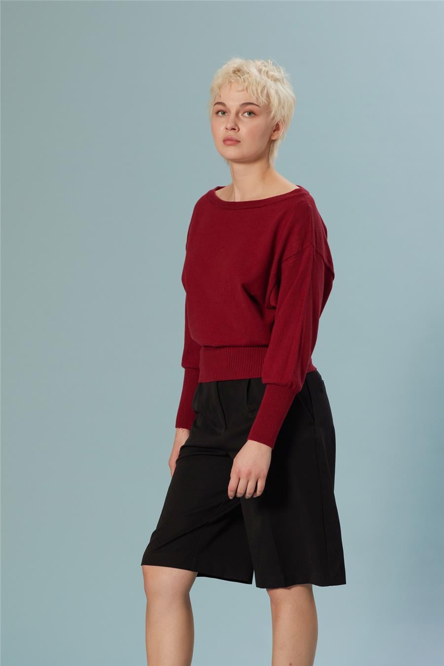 Nisan Kayık Yaka Triko Bluz BORDO TT4700-Z