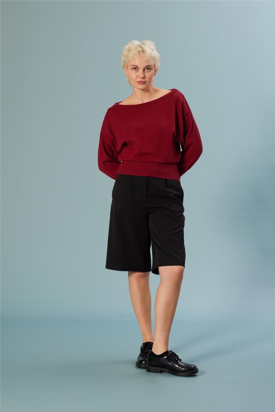 Nisan Kayık Yaka Triko Bluz BORDO TT4700-Z