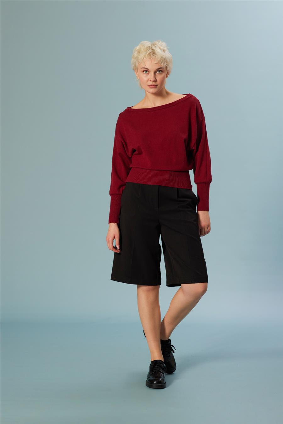 Nisan Kayık Yaka Triko Bluz BORDO TT4700-Z