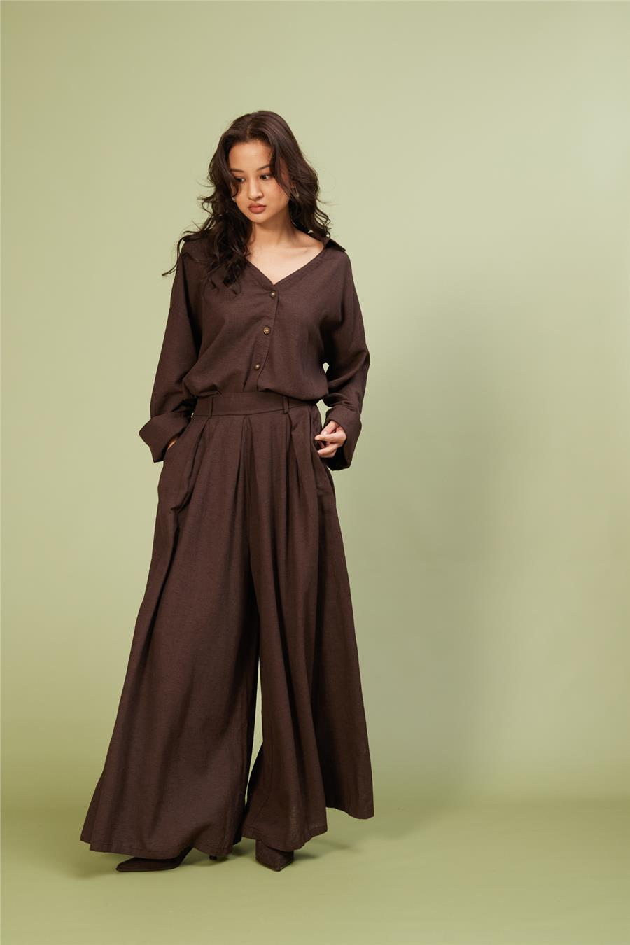 Nisan KETEN KARIŞIMLI BOL PANTOLON KAHVE N26-2296