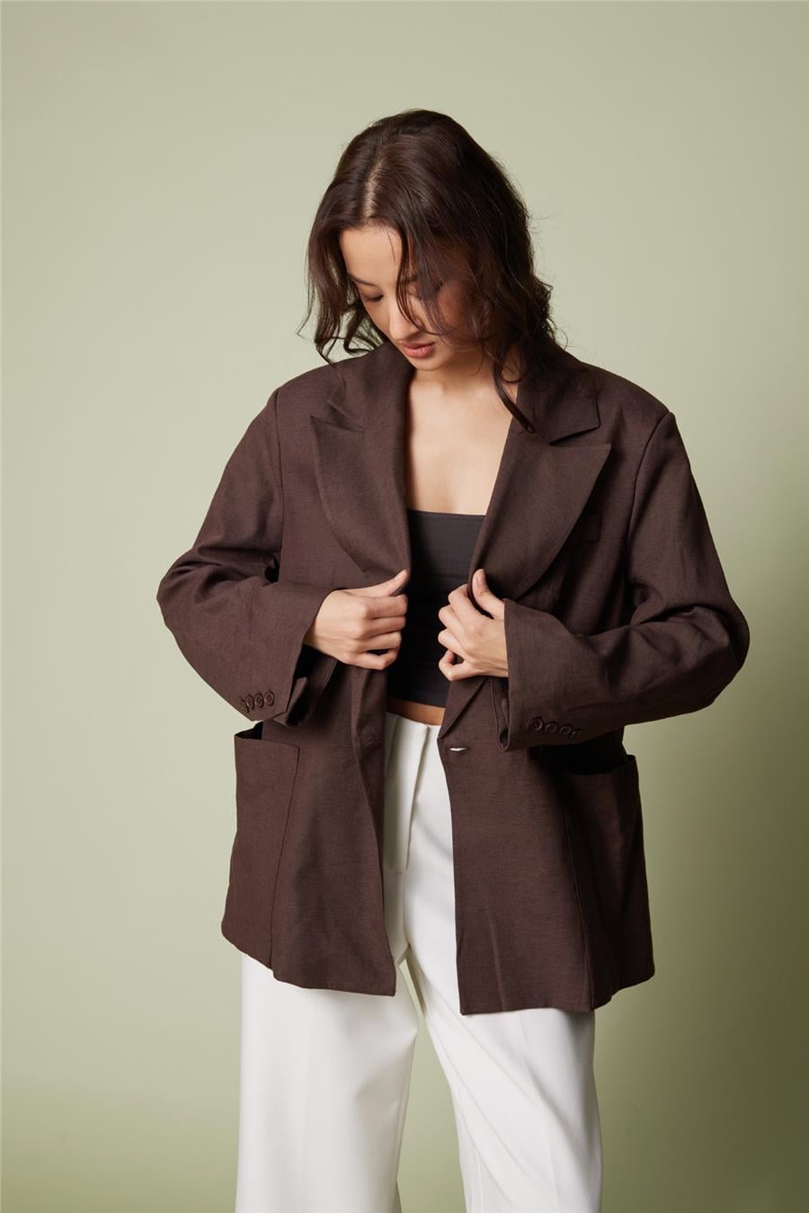 Nisan KETEN KARIŞIMLI KUŞAKLI BLAZER CEKET KAHVE N26-2295