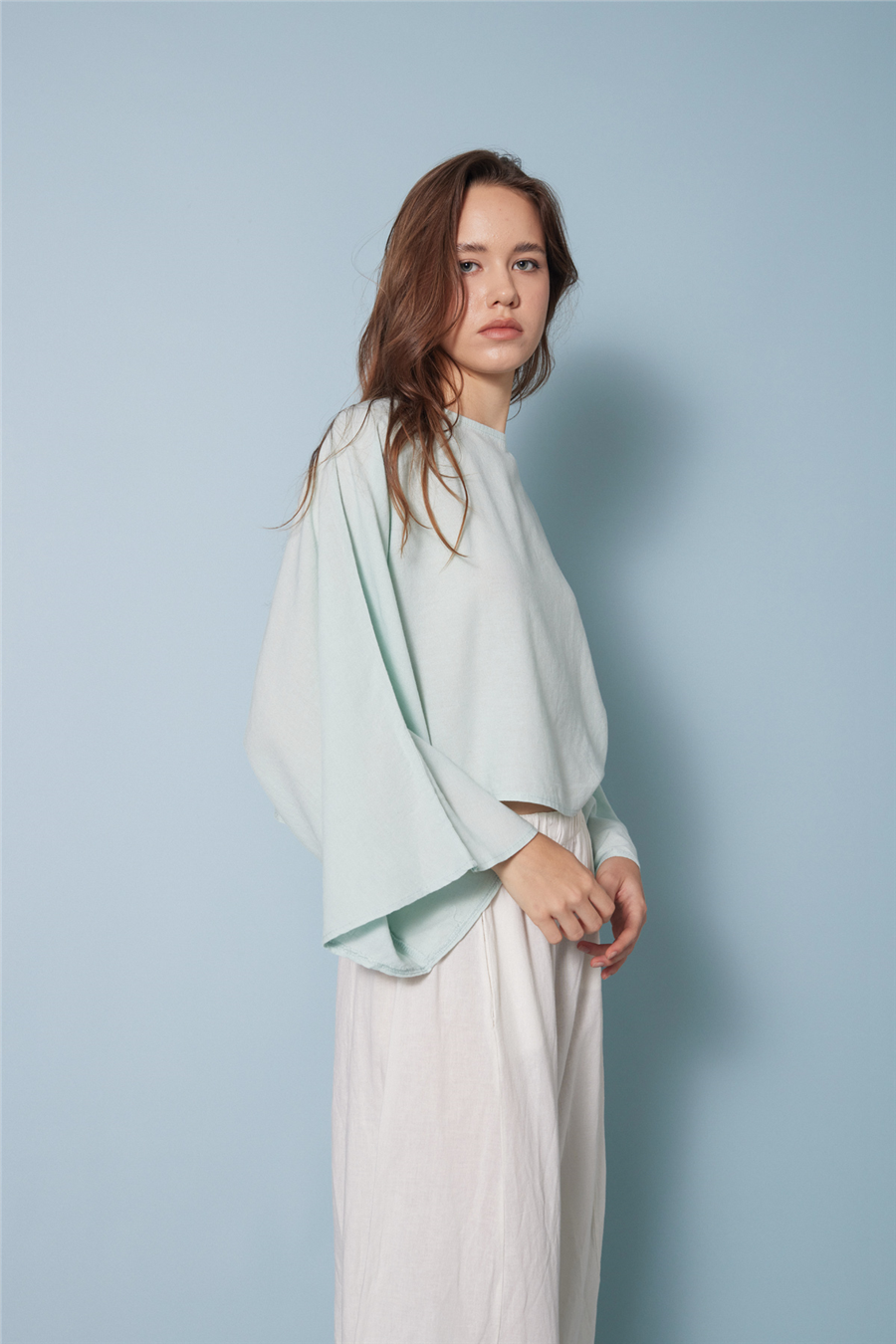 Nisan KETEN KARIŞIMLI PELERİN BLUZ MİNT N26-2300