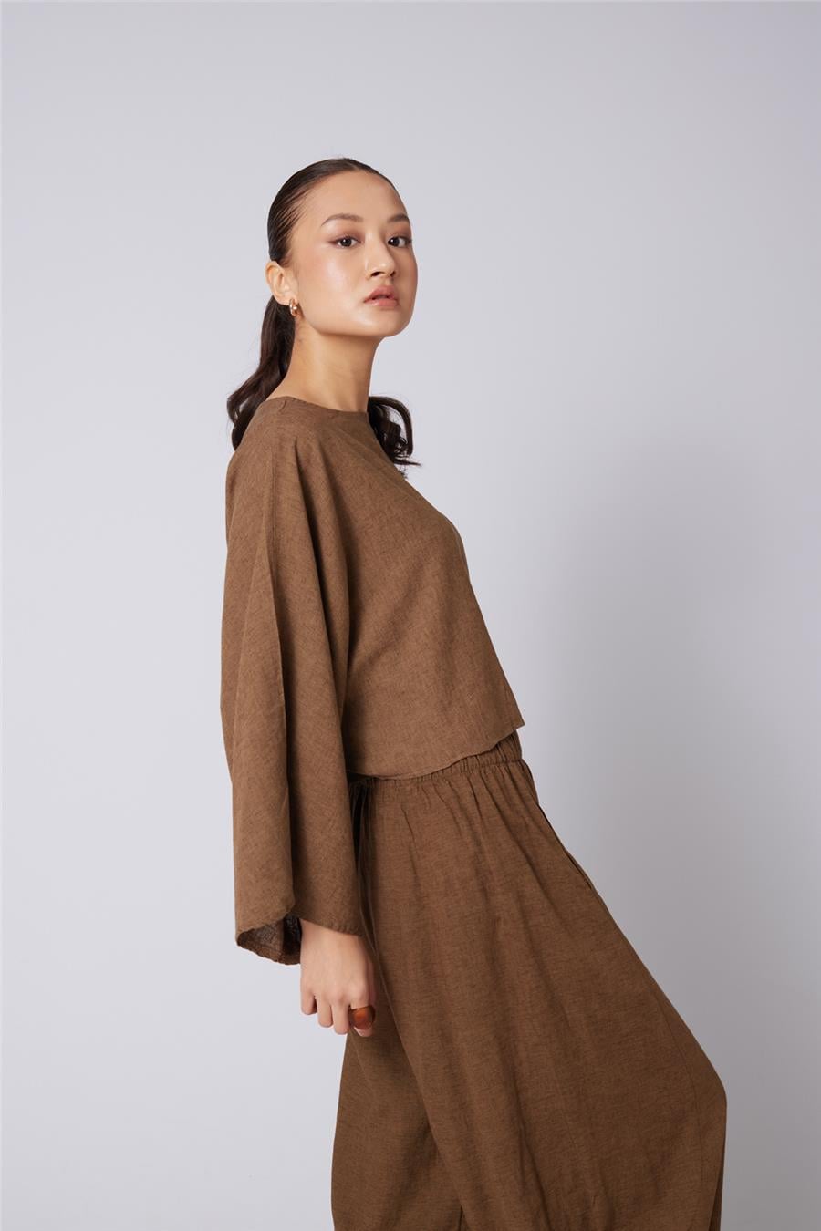 Nisan KETEN KARIŞIMLI PELERİN BLUZ OLIVE N26-2300