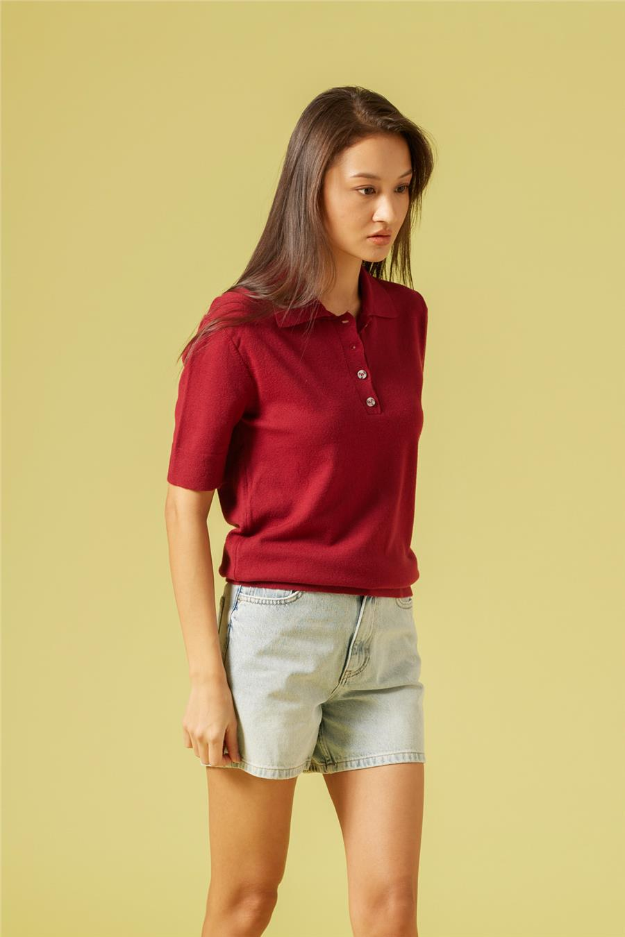 Nisan KISA KOL POLO YAKA KAZAK BORDO TT4713-Z