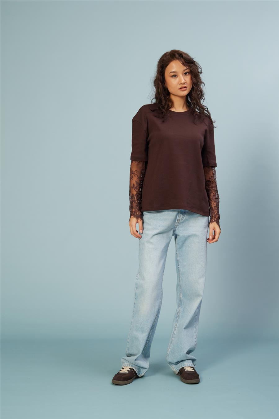 Nisan KOLLARI DANTEL DETAYLI T-SHIRT KAHVE N26-2320