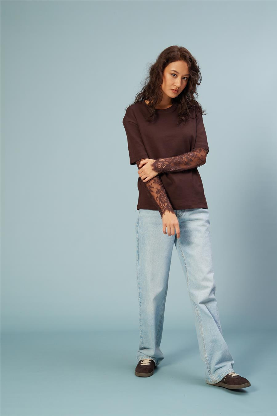Nisan KOLLARI DANTEL DETAYLI T-SHIRT KAHVE N26-2320
