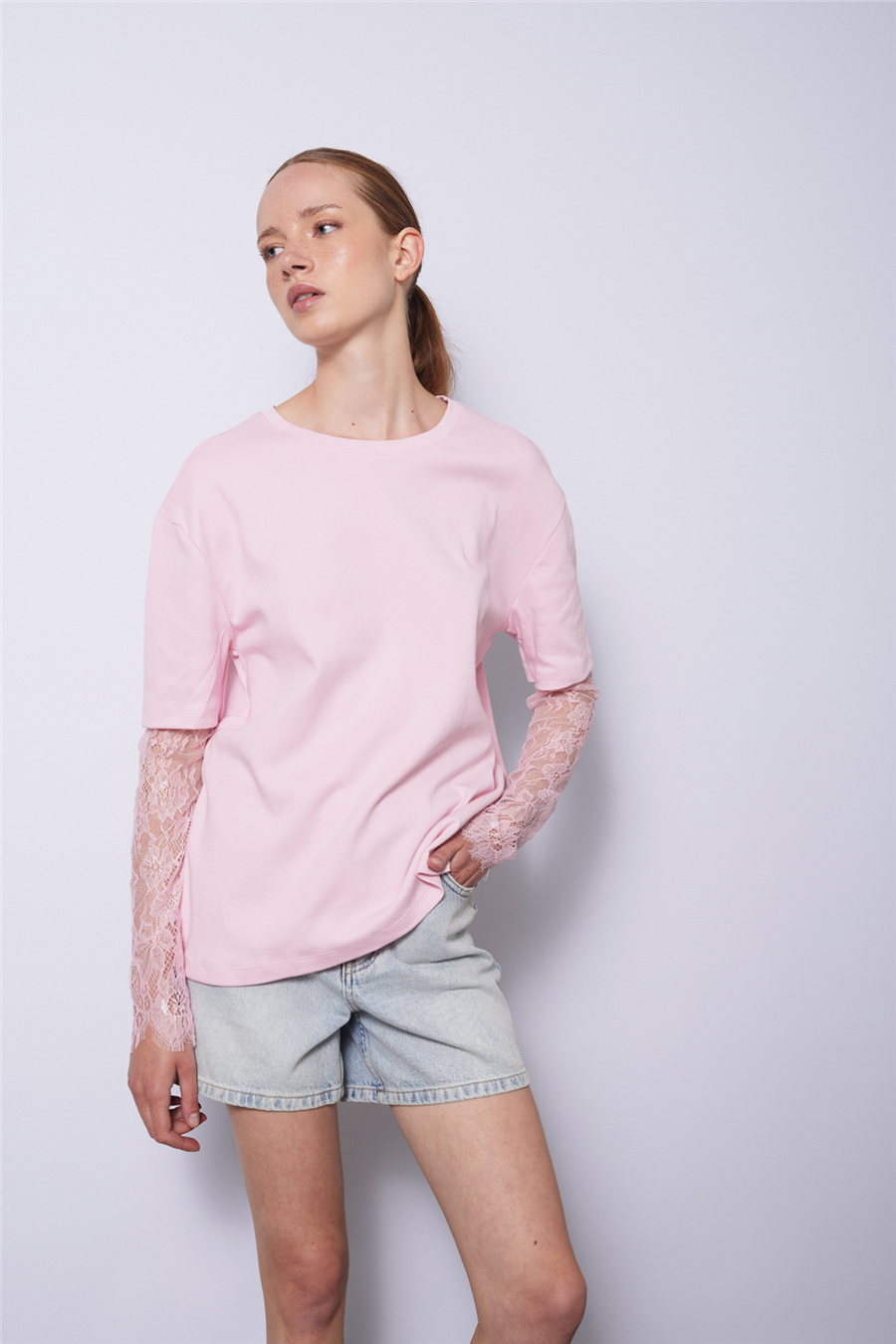 Nisan KOLLARI DANTEL DETAYLI T-SHIRT PEMBE N26-2320