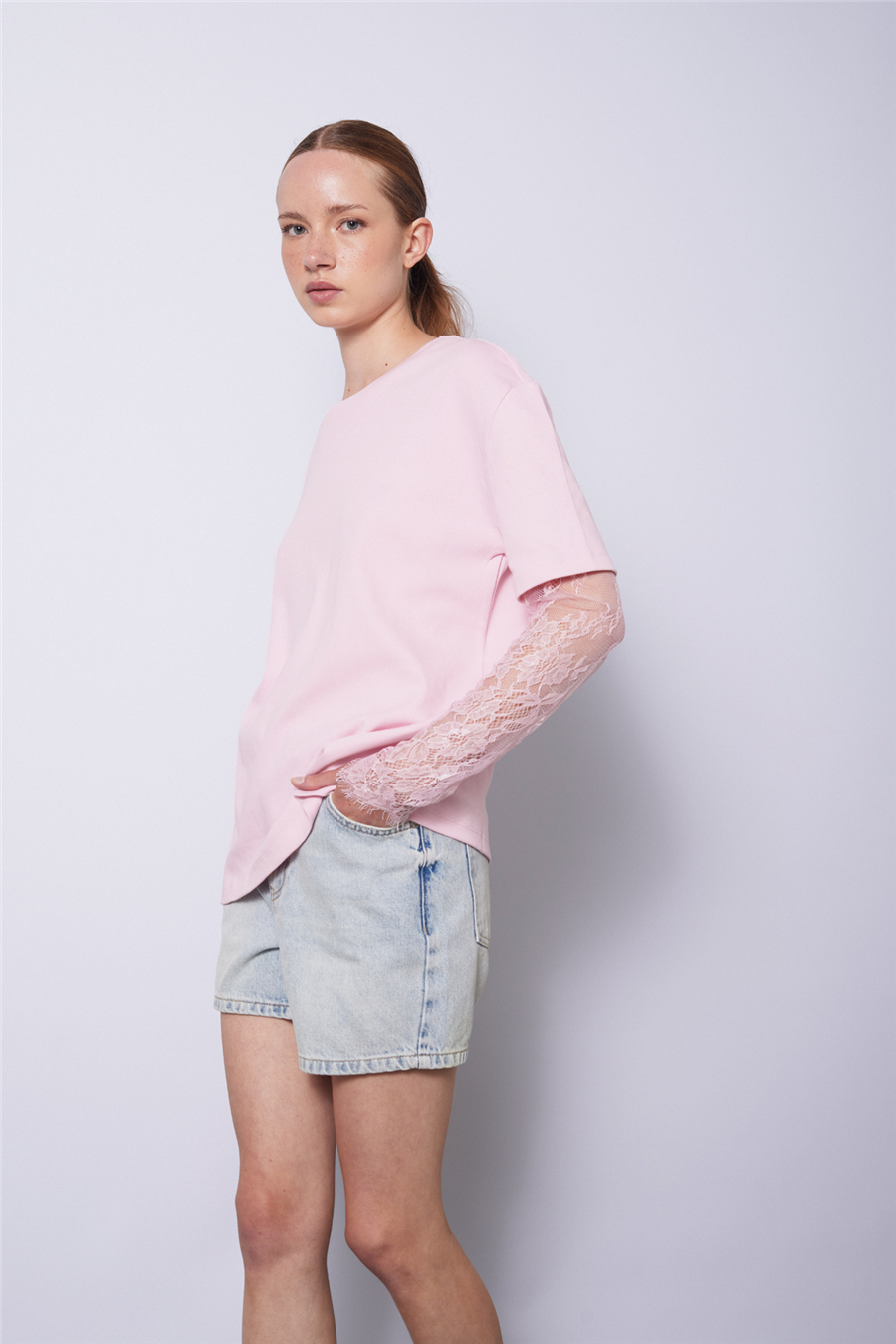 Nisan KOLLARI DANTEL DETAYLI T-SHIRT PEMBE N26-2320
