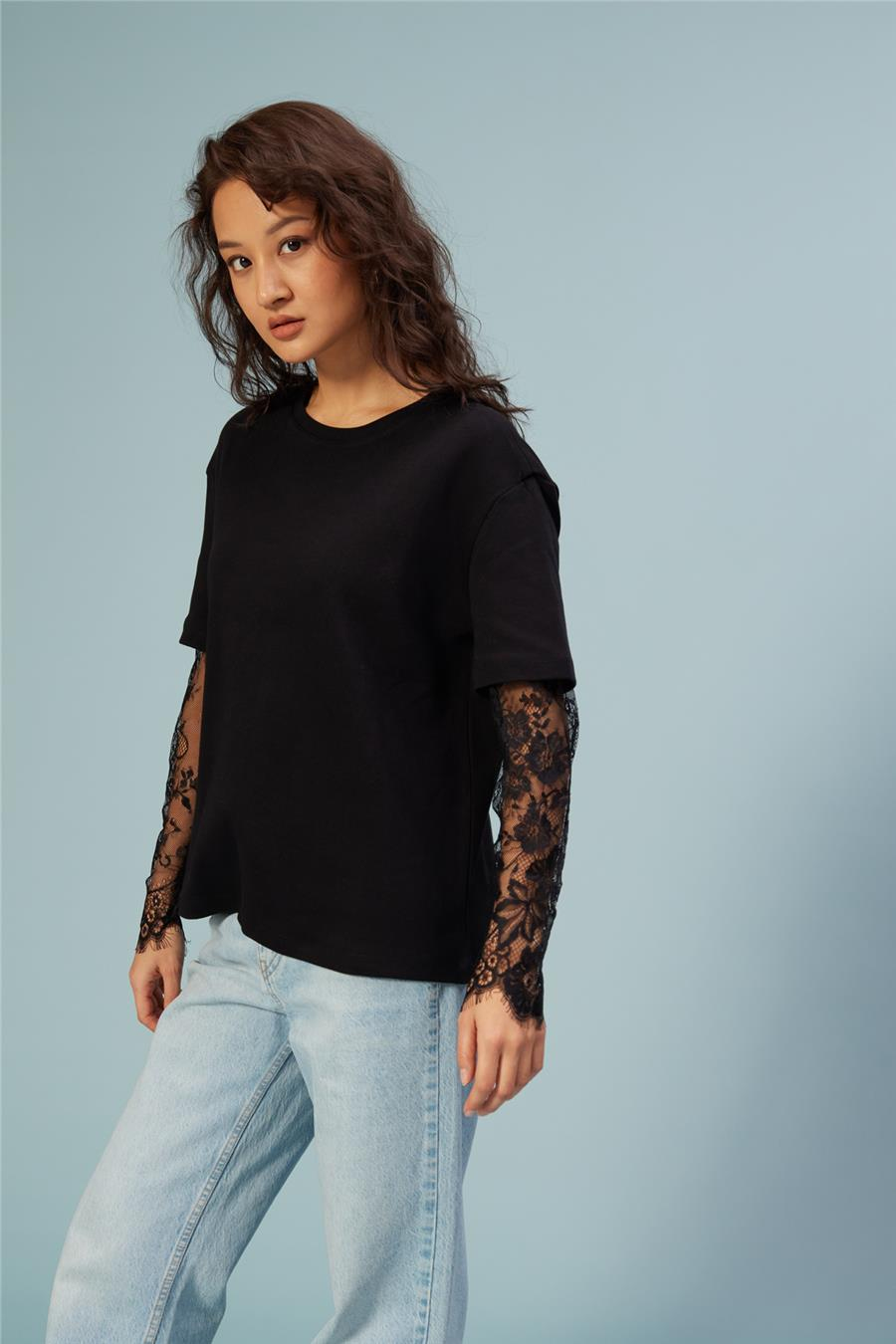 Nisan KOLLARI DANTEL DETAYLI T-SHIRT SİYAH N26-2320