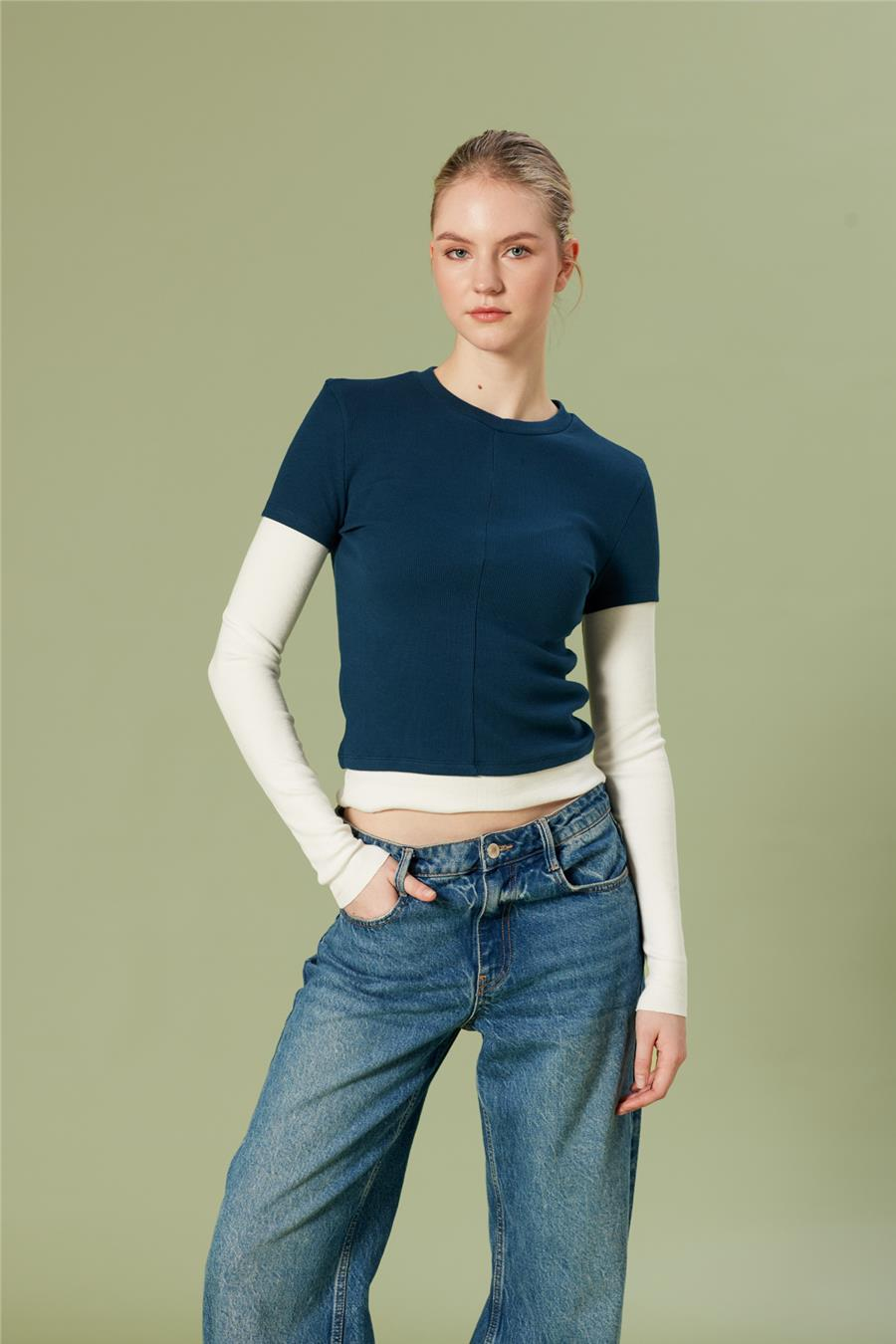 Nisan KONTRAST BİSİKLET YAKA T-SHIRT İNDİGO N26-2256