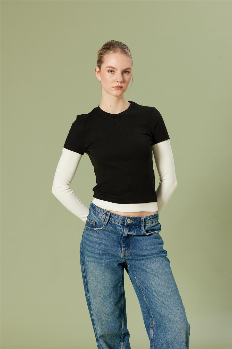 Nisan KONTRAST BİSİKLET YAKA T-SHIRT SİYAH N26-2256