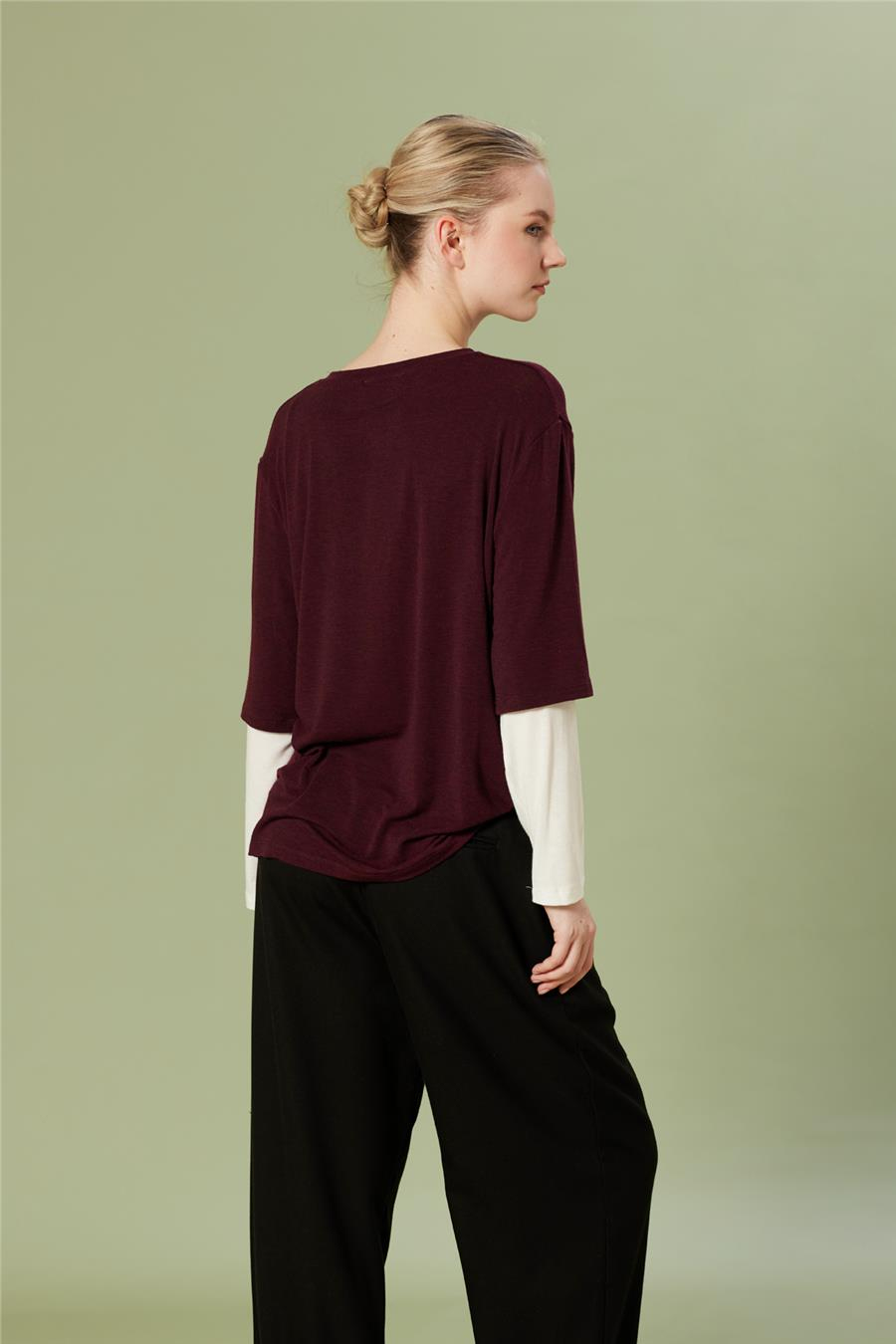 Nisan KONTRAST DETAYLI BİSİKLET YAKA T-SHIRT BORDO N26-2268