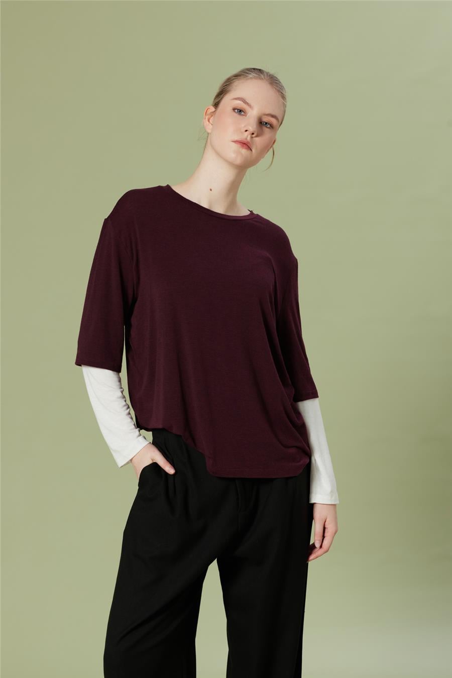 Nisan KONTRAST DETAYLI BİSİKLET YAKA T-SHIRT BORDO N26-2268