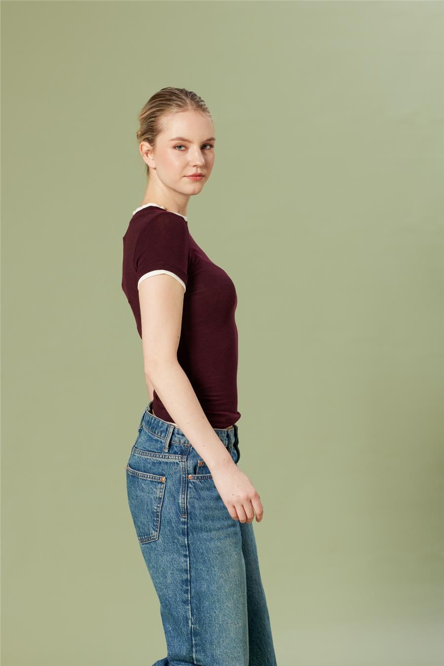 Nisan KONTRAST DETAYLI T-SHIRT BORDO N26-2265