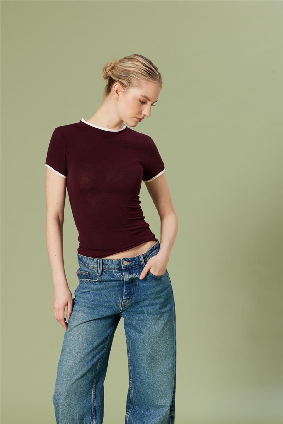 Nisan KONTRAST DETAYLI T-SHIRT BORDO N26-2265