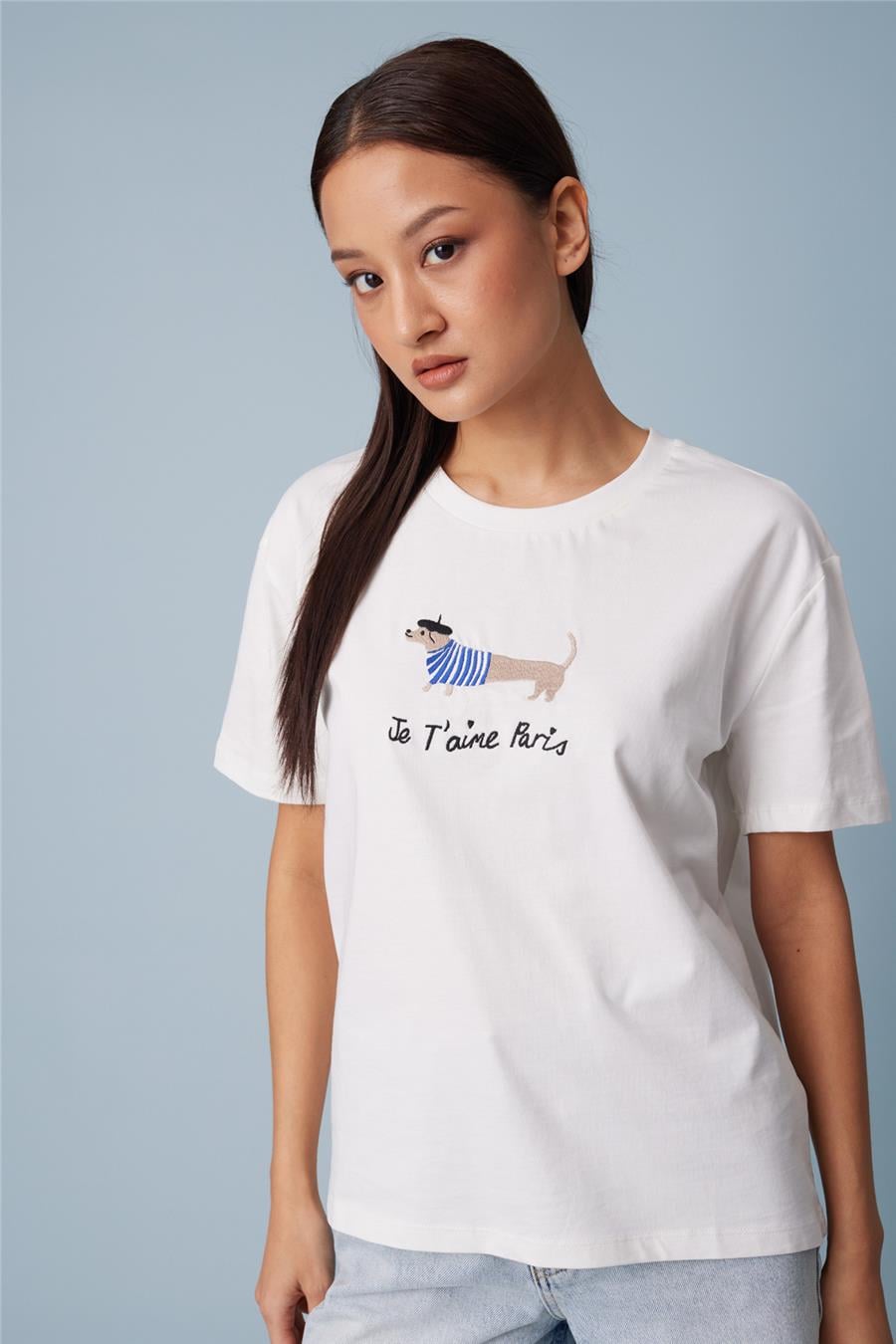 Nisan KÖPEK NAKIŞLI KISA KOLLU T-SHIRT EKRU N26-2376