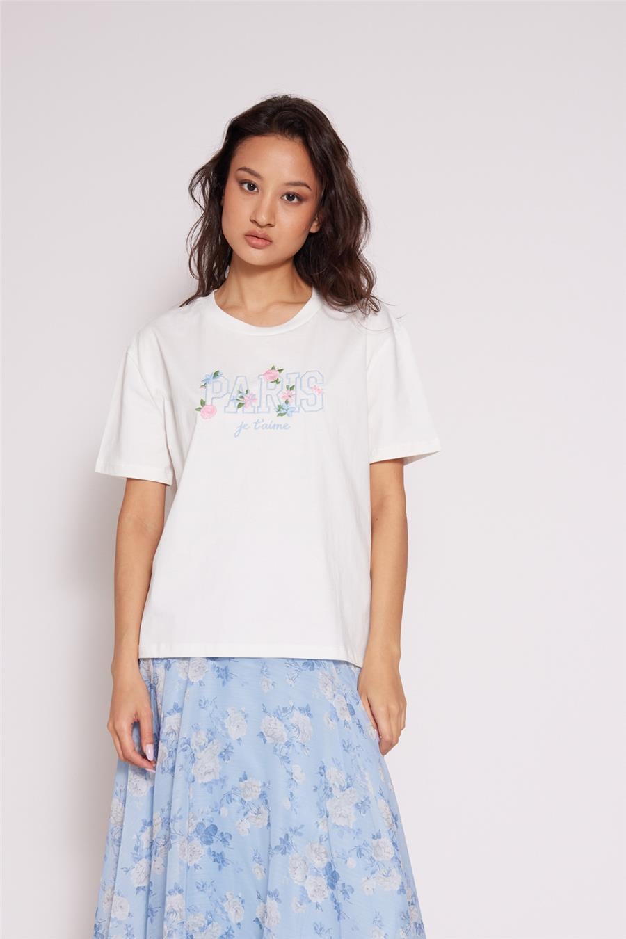 Nisan NAKIŞLI KISA KOLLU T-SHIRT EKRU N26-2422