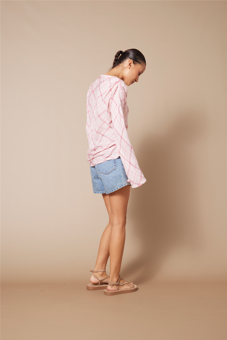 Nisan PİLİLİ KARELİ BLUZ PEMBE N26-2290