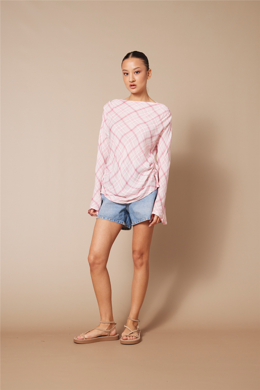 Nisan PİLİLİ KARELİ BLUZ PEMBE N26-2290