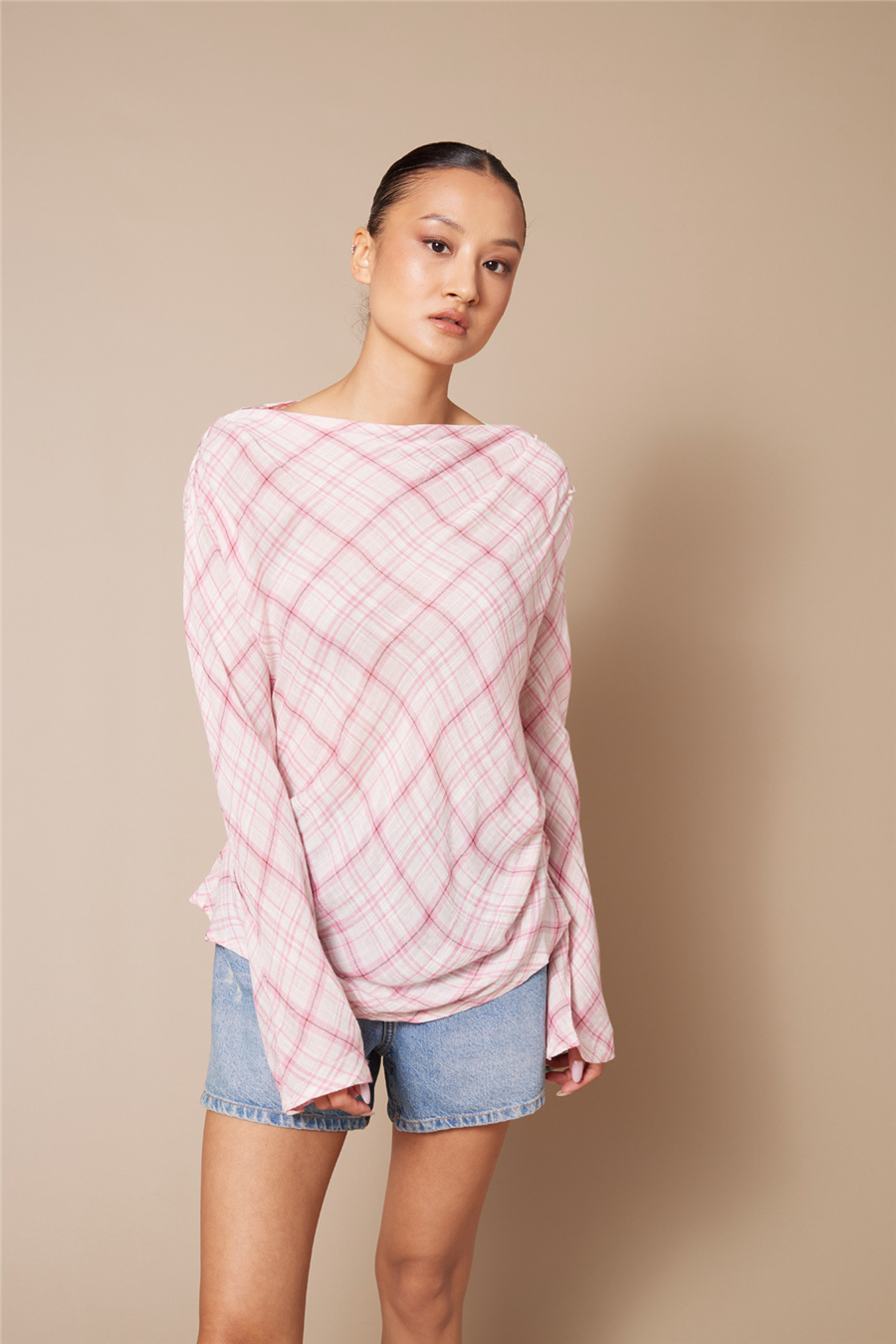 Nisan PİLİLİ KARELİ BLUZ PEMBE N26-2290