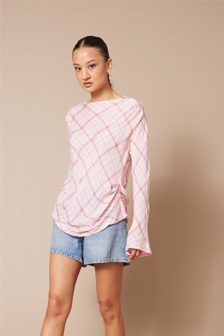Nisan PİLİLİ KARELİ BLUZ PEMBE N26-2290