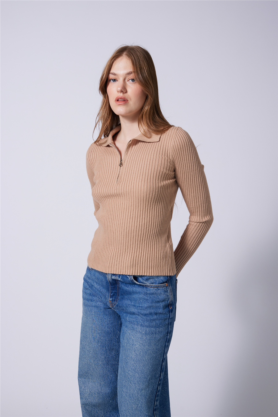 Nisan POLO YAKA FERMUARLI FİTİLLİ TRİKO KAZAK CAMEL TT4858-Z