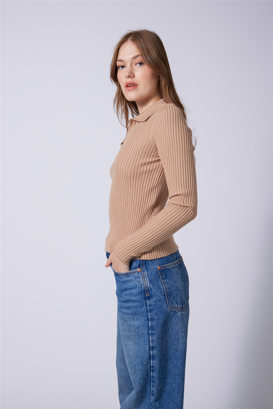 Nisan POLO YAKA FERMUARLI FİTİLLİ TRİKO KAZAK CAMEL TT4858-Z