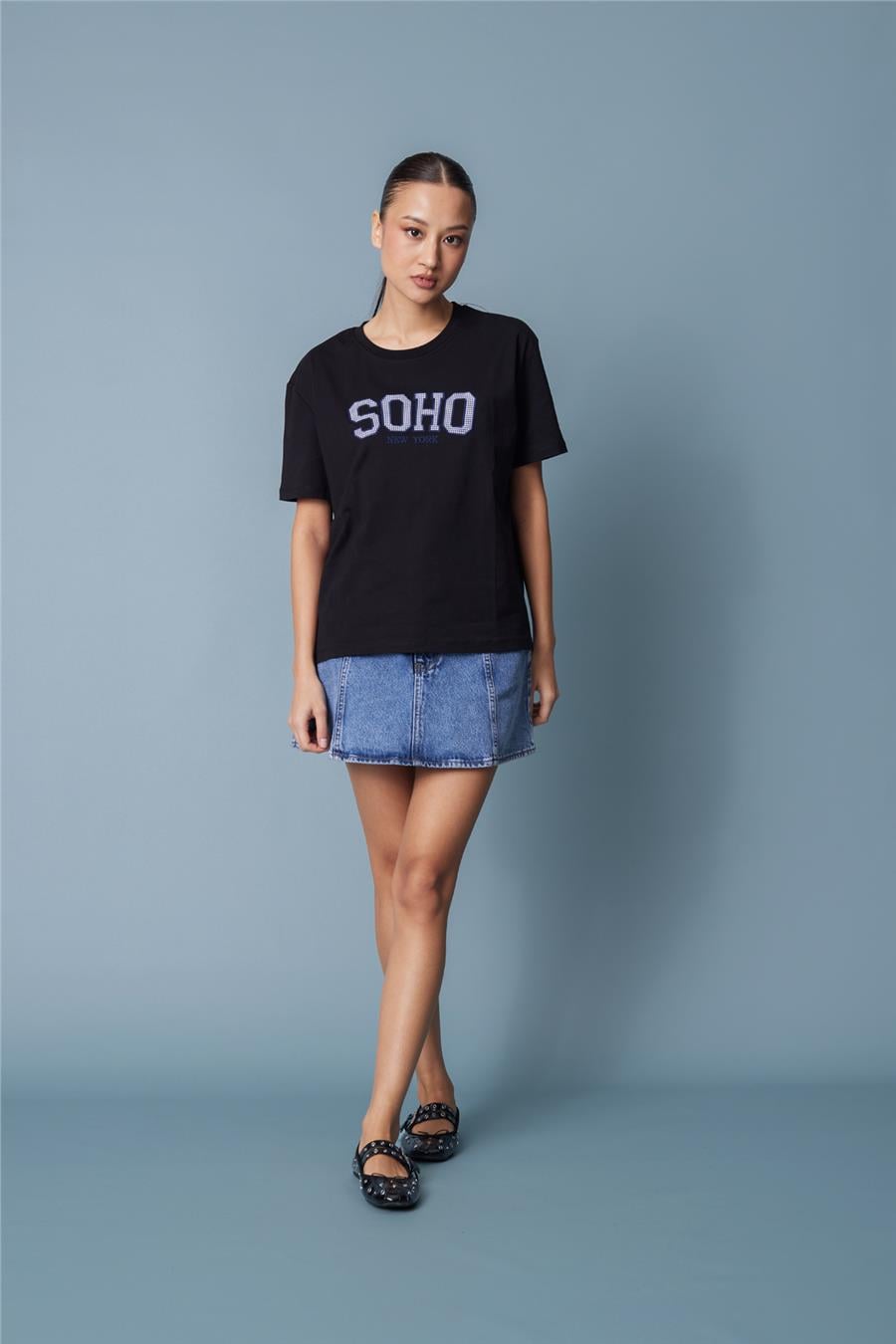 Nisan PÖTİKARE YAMA DETAYLI KISA KOLLU T-SHIRT SİYAH N26-2332