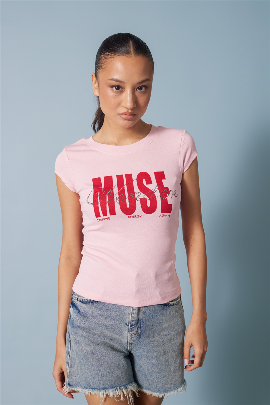 Nisan STRASS TAŞ BASKILI BİSİKLET YAKA T-SHIRT PEMBE N26-2418