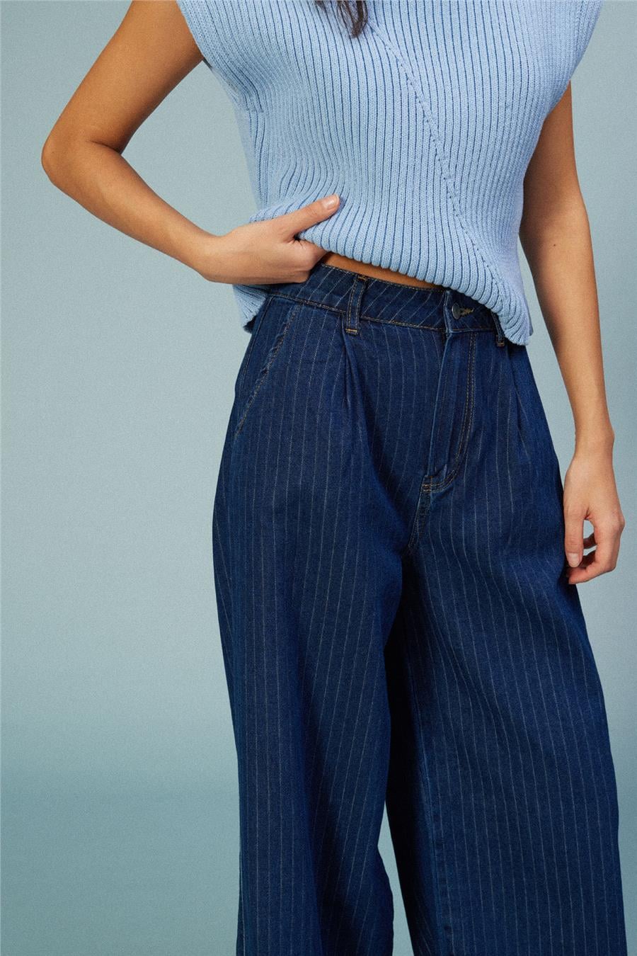 Nisan TEK PİLELİ ÇİZGİLİ DENIM PANTOLON LACİVERT N26-2286