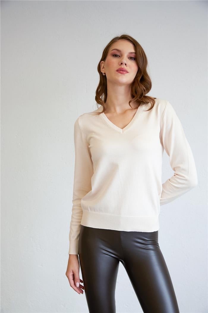 Nisan V-Neck Basic Knit Sweater Beige TT4095-Z