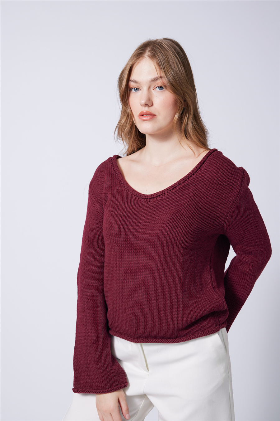 Nisan V YAKA BASİC TRİKO KAZAK BORDO TT4863-Z