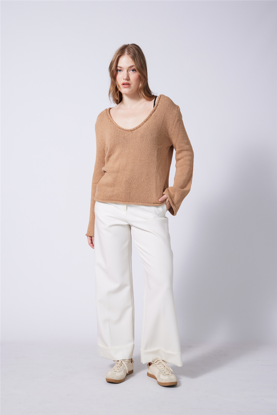 Nisan V YAKA BASİC TRİKO KAZAK CAMEL TT4863-Z