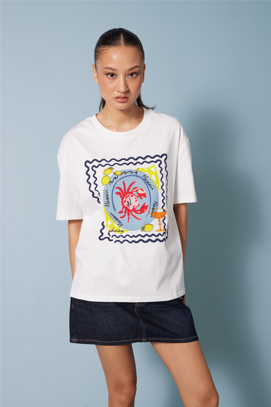 Nisan YENGEÇ BASKILI BİSİKLET YAKA T-SHIRT EKRU N26-2431