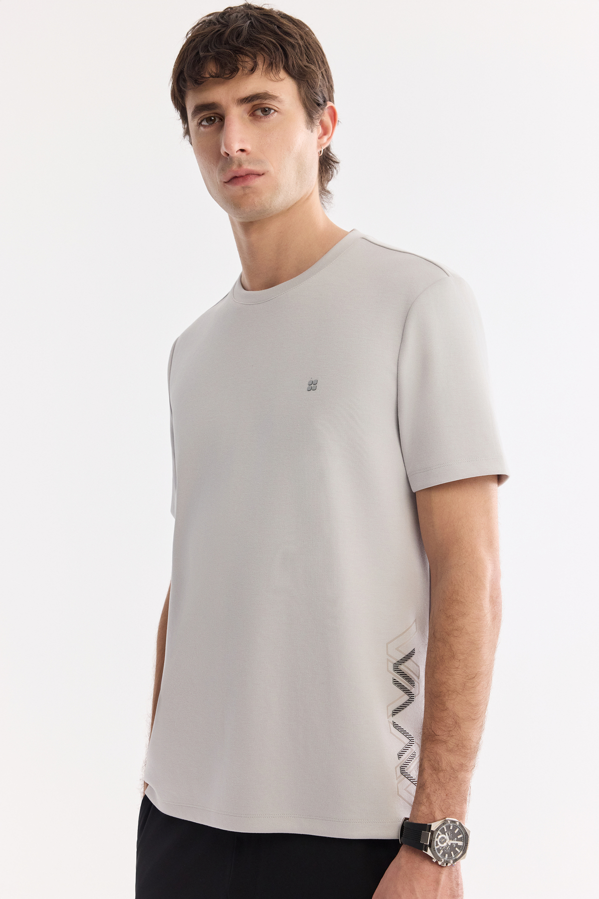 Açık Gri Bisiklet Yaka Yanda Ruber ve DTF  Baskılı İnterlok T-Shirt