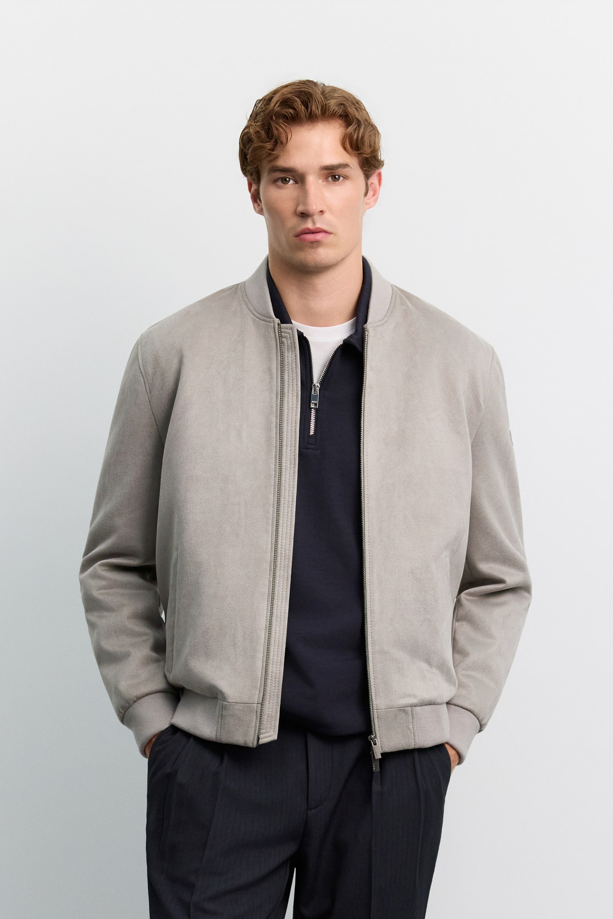 Light Grey Faux Suede Bomber Jacket