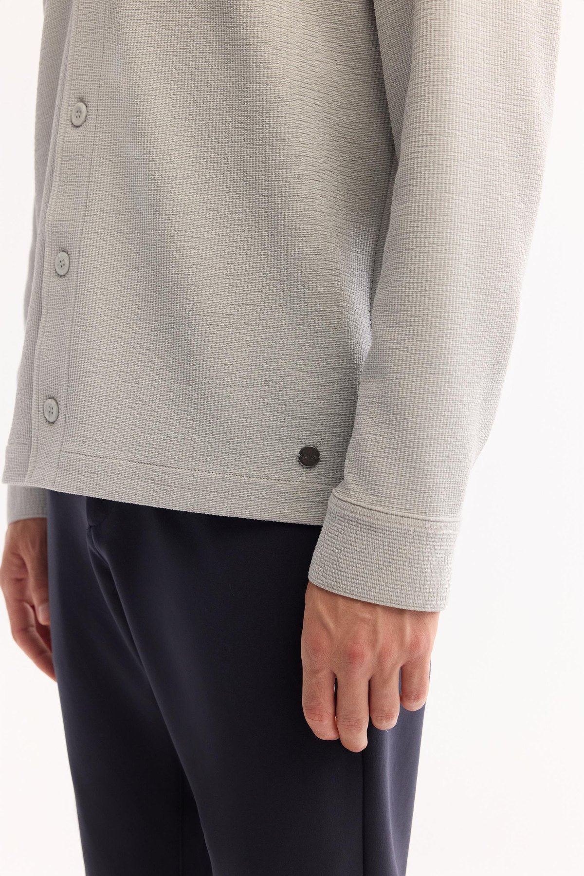 Açık Gri Gofreli Comfort Fit Uzun Kollu Gömlek Ceket