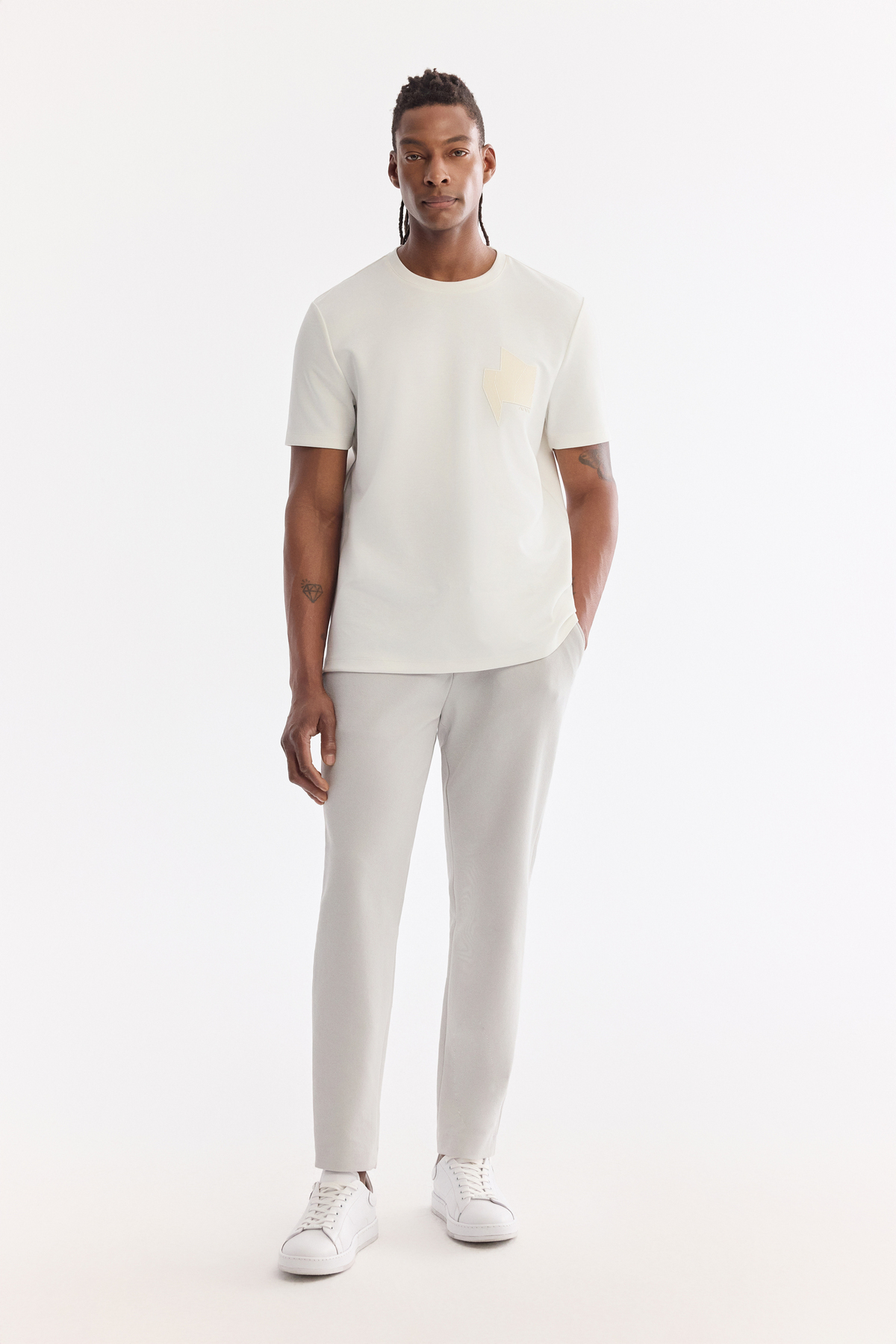 Açık Gri Klasik Bel Örme Diyagonal Relaxed Fit Pantolon