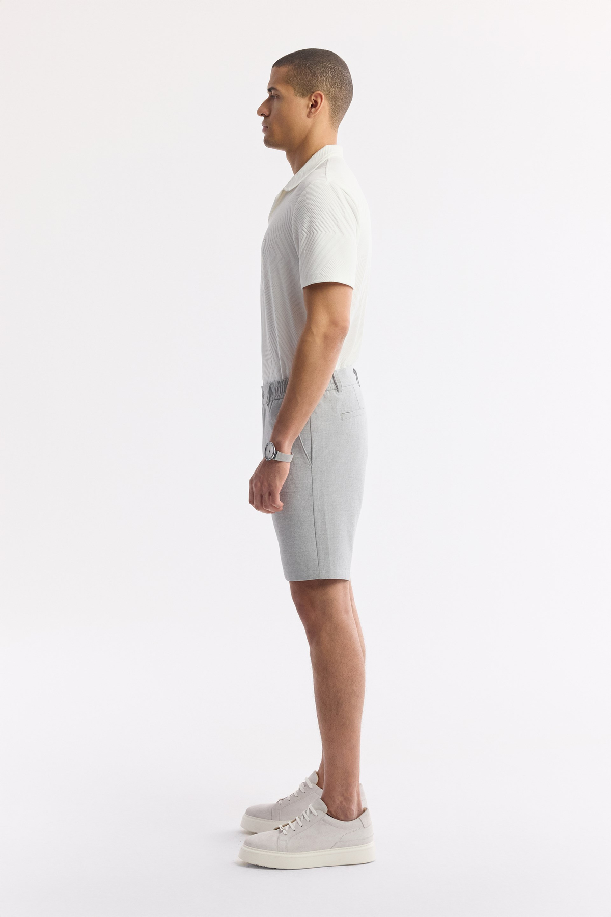 Light Grey Side Elastic Textured Bi-Stretch Chino Shorts
