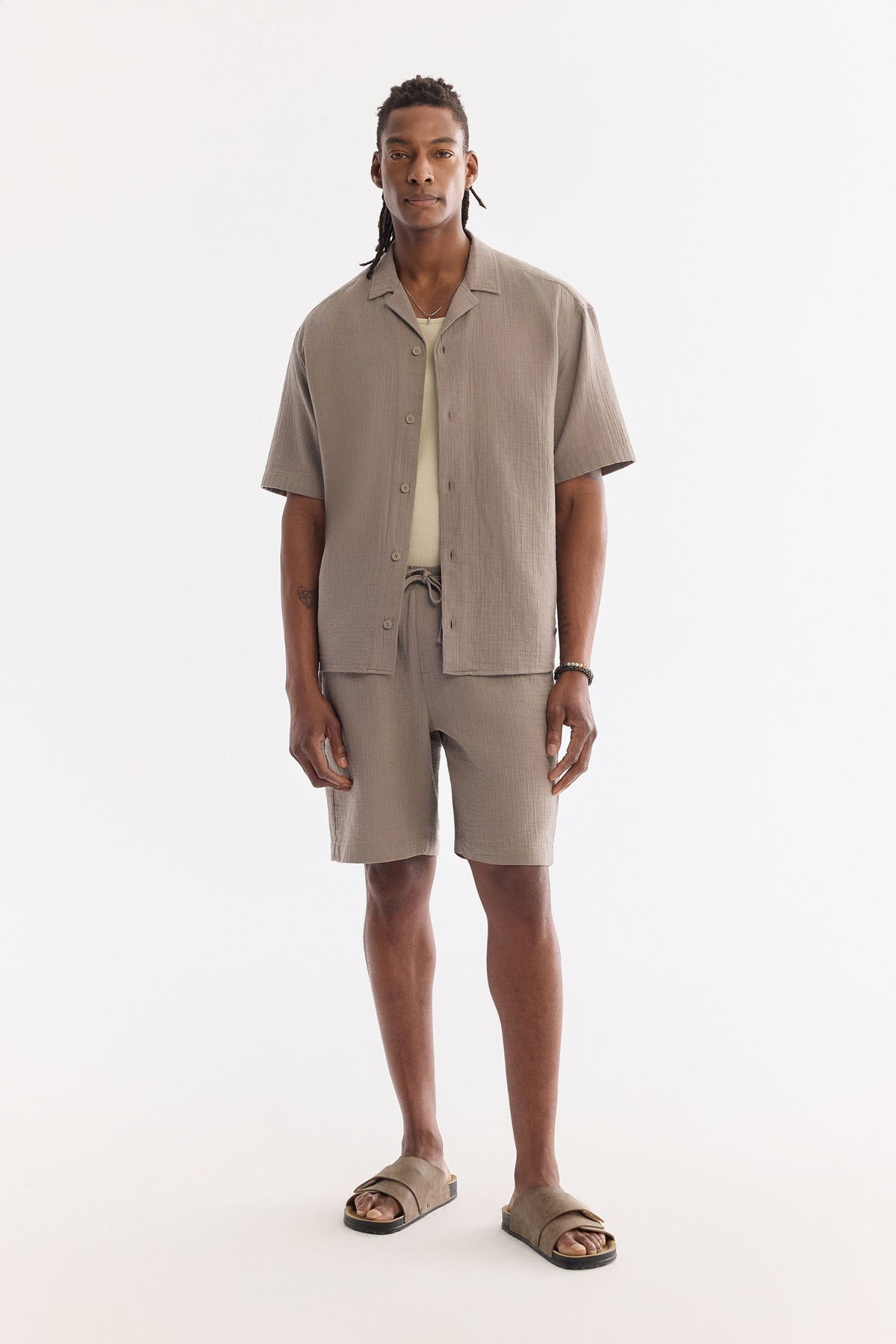 Açık Haki Müslin Dokulu Relaxed Fit Şort