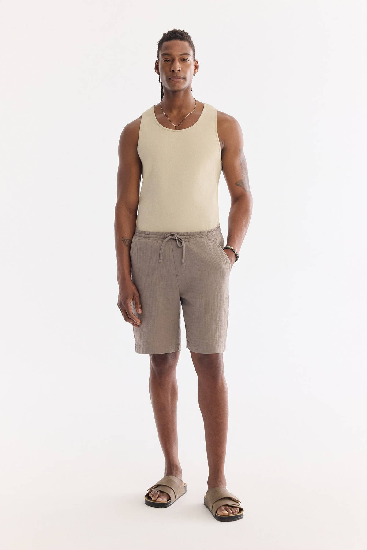 Açık Haki Müslin Dokulu Relaxed Fit Şort