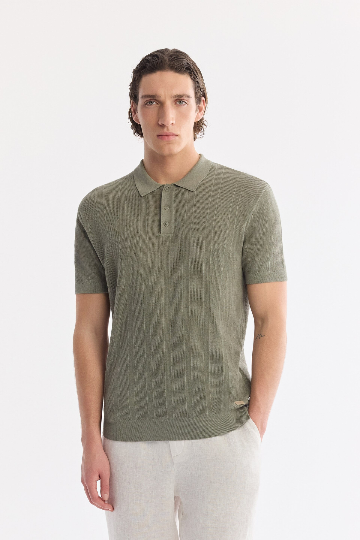 Açık Haki Polo Yaka Düğmeli Jakarlı Triko T-shirt
