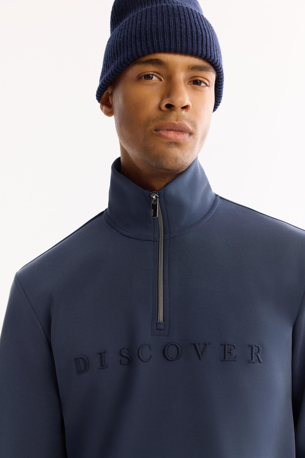 Açık Lacivert Fermuar Dİk Yaka Nakış Baskılı Soft Touch  Sweatshirt