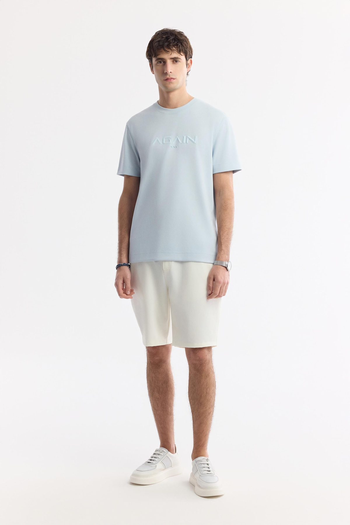 Açık Mavi Bisiklet Yaka Hologram Baskılı İnterlok T-Shirt