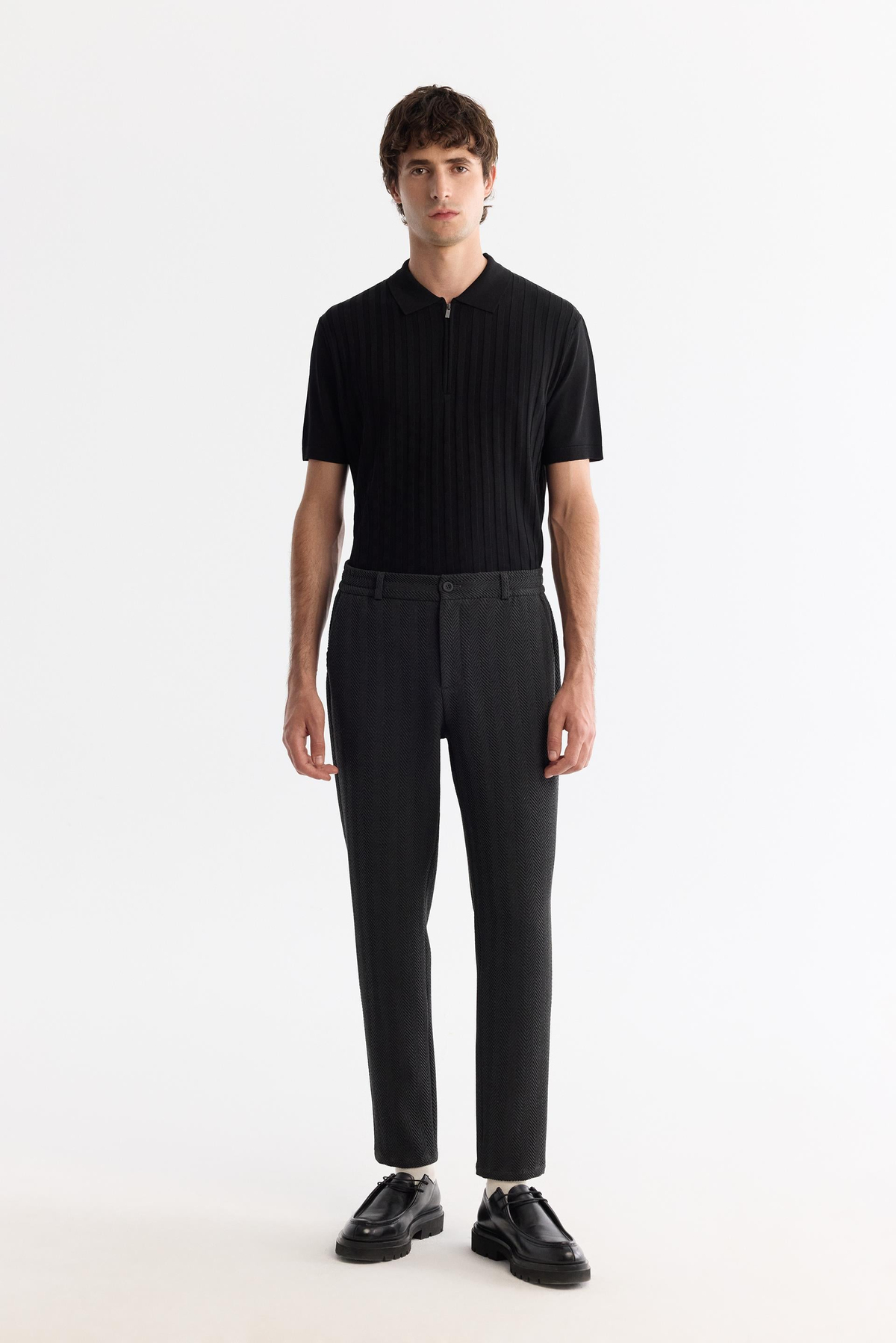 Antrasit Balık Sırtı Dokulu Yanı Lastikli Chino Slim Fit Pantolon