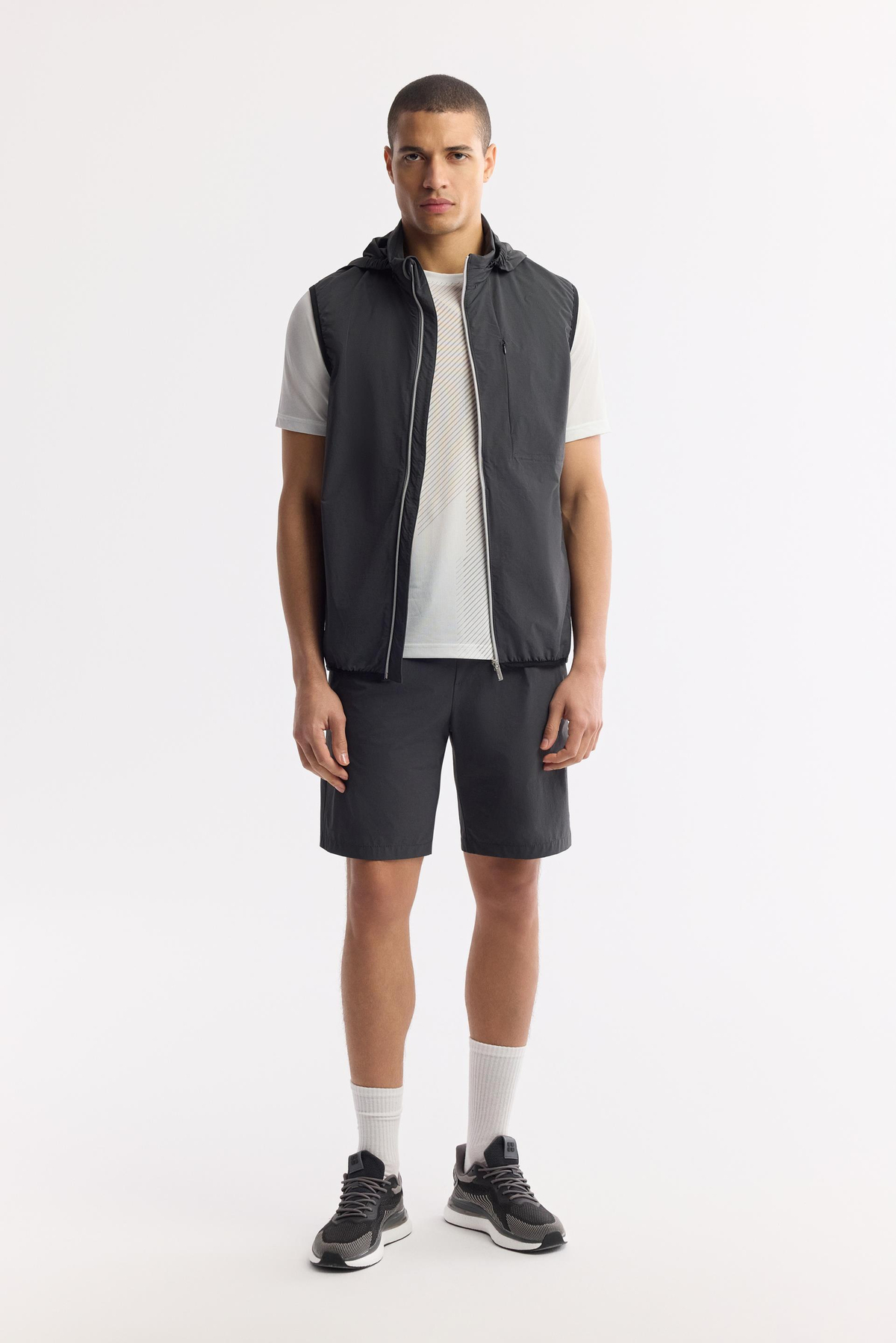 Antrasit Beli Lastikli Bağcıklı Fermuarlı Cepli Pileli Şort